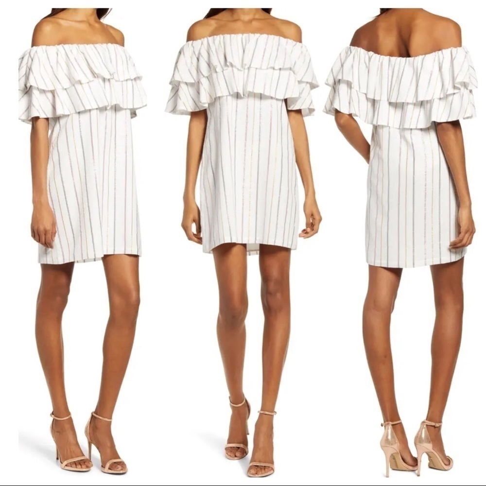 NEW CHARLES HENRY Metallic Stripe Off the Shoulder Popover Dress Ruffles Size XS